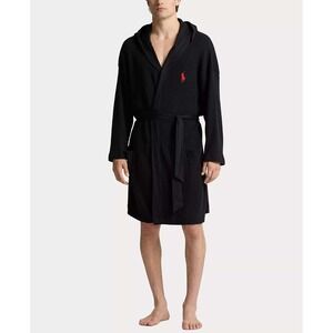 Polo Ralph Lauren Mens SM/MED Black Waffle Knit Hooded Bathrobe Pony Logo